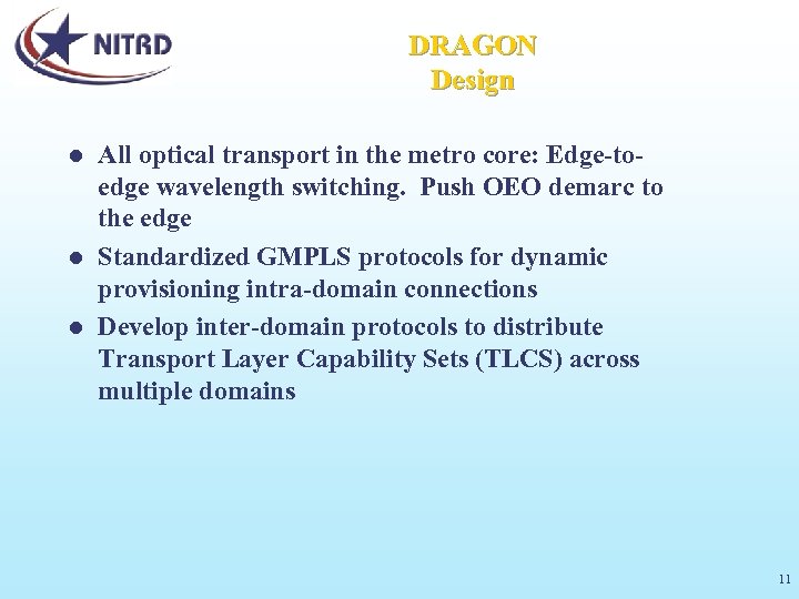 DRAGON Design All optical transport in the metro core: Edge-toedge wavelength switching. Push OEO