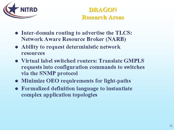 DRAGON Research Areas l l l Inter-domain routing to advertise the TLCS: Network Aware