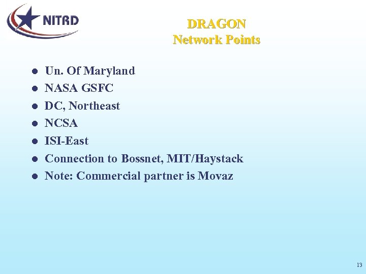 DRAGON Network Points l l l l Un. Of Maryland NASA GSFC DC, Northeast