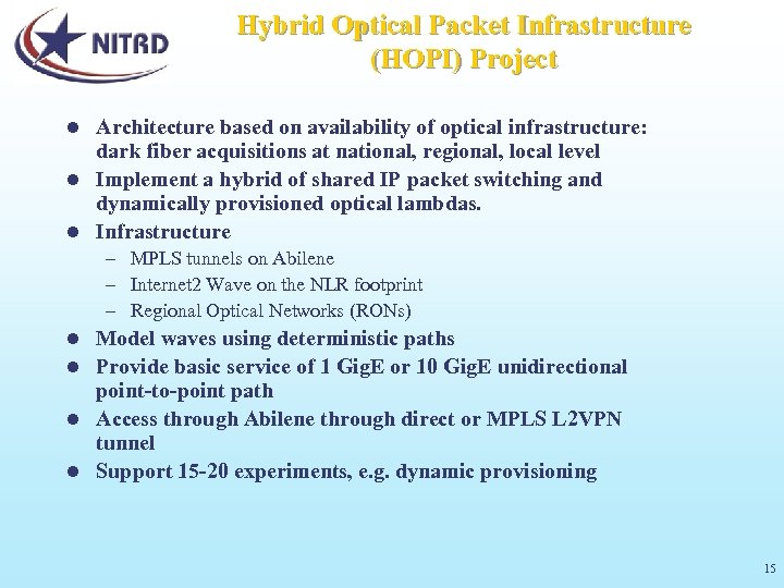 Hybrid Optical Packet Infrastructure (HOPI) Project Architecture based on availability of optical infrastructure: dark