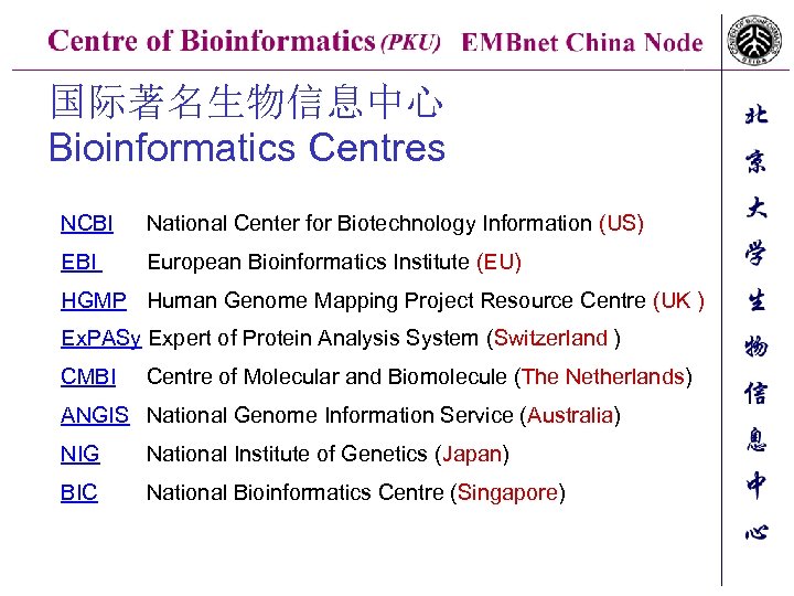 国际著名生物信息中心 Bioinformatics Centres NCBI National Center for Biotechnology Information (US) EBI European Bioinformatics Institute
