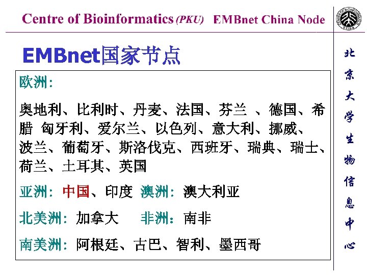 EMBnet国家节点 欧洲: 奥地利、比利时、丹麦、法国、芬兰 、德国、希 腊 匈牙利、爱尔兰、以色列、意大利、挪威、 波兰、葡萄牙、斯洛伐克、西班牙、瑞典、瑞士、 荷兰、土耳其、英国 亚洲: 中国、印度 澳洲: 澳大利亚 北美洲: 加拿大