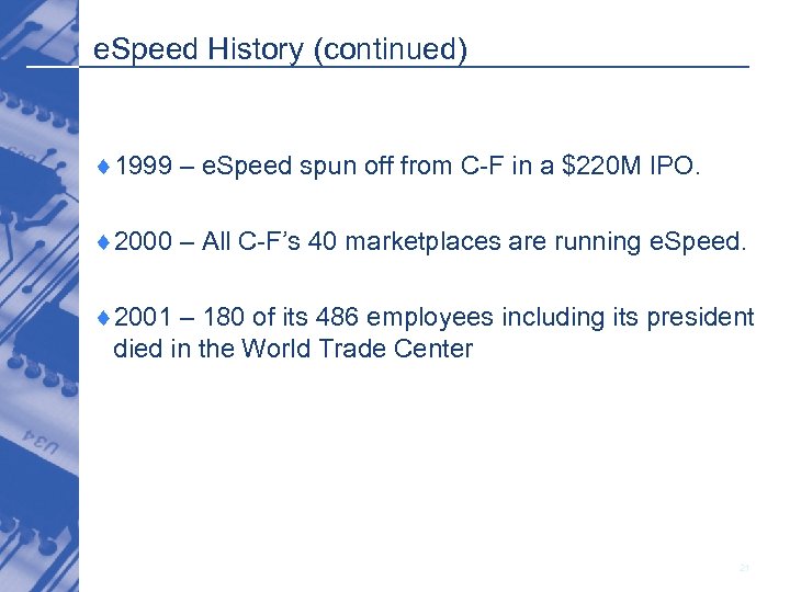 e. Speed History (continued) ¨ 1999 – e. Speed spun off from C-F in