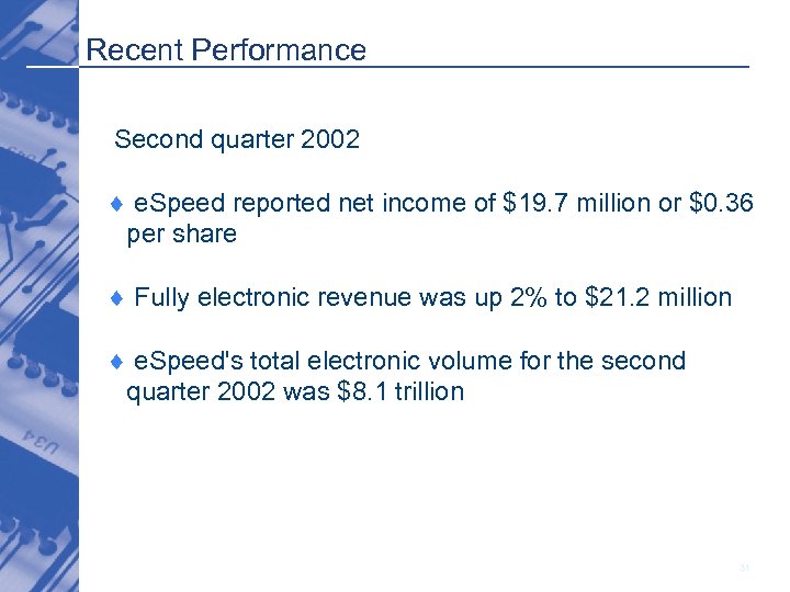 Recent Performance Second quarter 2002 ¨ e. Speed reported net income of $19. 7