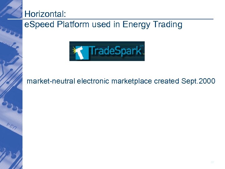 Horizontal: e. Speed Platform used in Energy Trading market-neutral electronic marketplace created Sept. 2000