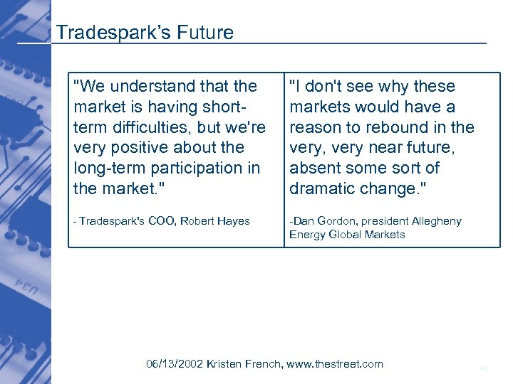 Tradespark’s Future "We understand that the market is having shortterm difficulties, but we're very