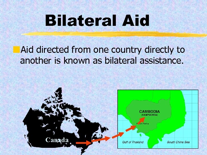 Bilateral Aid ¢Aid directed from one country directly to another is known as bilateral