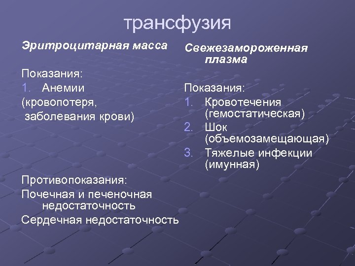 трансфузия Эритроцитарная масса Показания: 1. Анемии (кровопотеря, заболевания крови) Противопоказания: Почечная и печеночная недостаточность