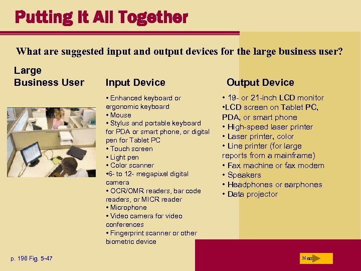 Putting It All Together What are suggested input and output devices for the large