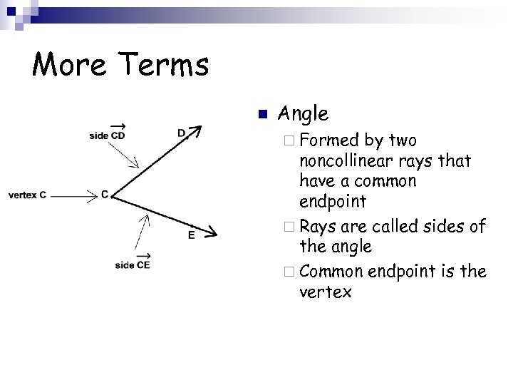 More Terms n Angle ¨ Formed by two noncollinear rays that have a common