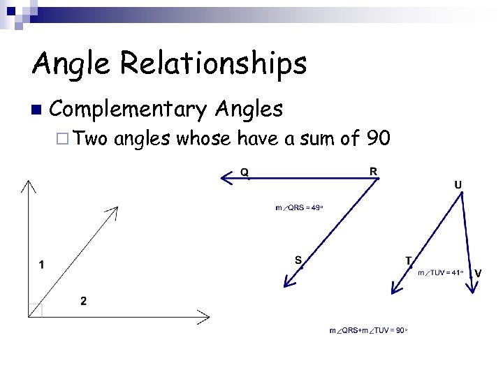 Angle Relationships n Complementary Angles ¨ Two angles whose have a sum of 90