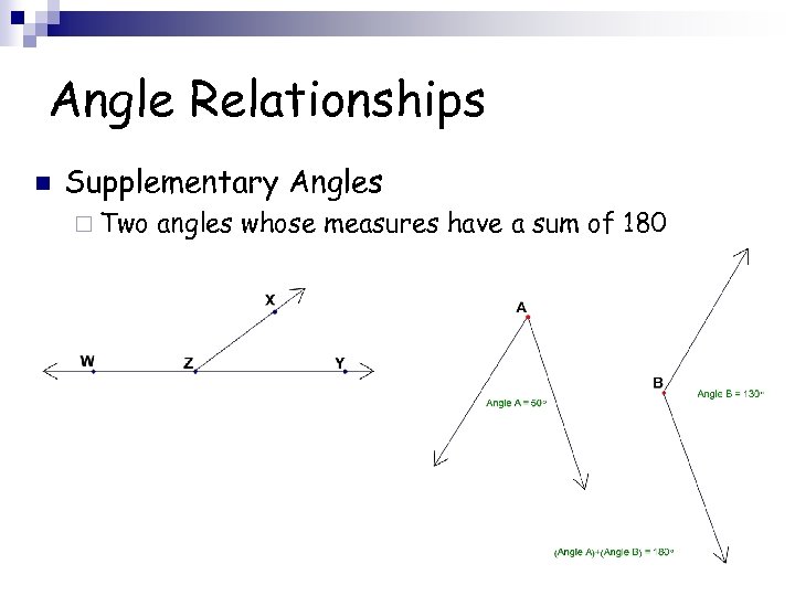 Angle Relationships n Supplementary Angles ¨ Two angles whose measures have a sum of