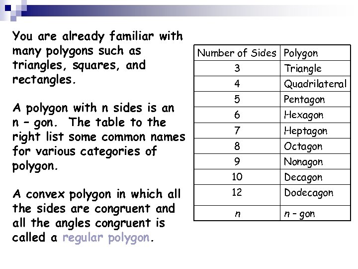 You are already familiar with many polygons such as triangles, squares, and rectangles. A