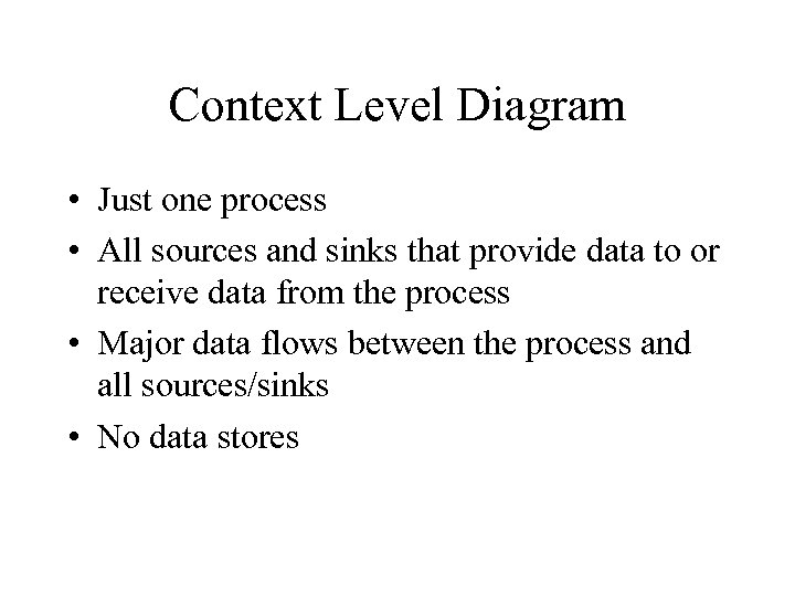 Context Level Diagram • Just one process • All sources and sinks that provide