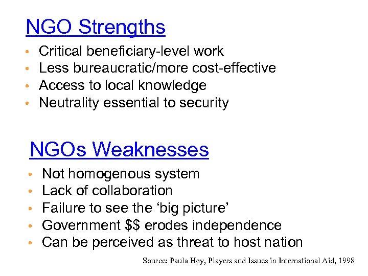 NGO Strengths Critical beneficiary-level work Less bureaucratic/more cost-effective Access to local knowledge Neutrality essential