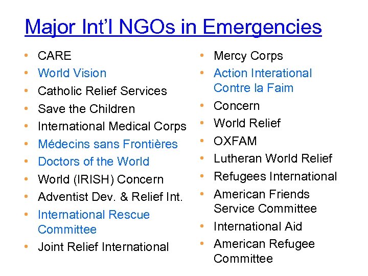 Major Int’l NGOs in Emergencies • • • CARE World Vision Catholic Relief Services