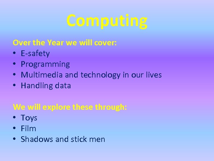 Computing Over the Year we will cover: • E-safety • Programming • Multimedia and