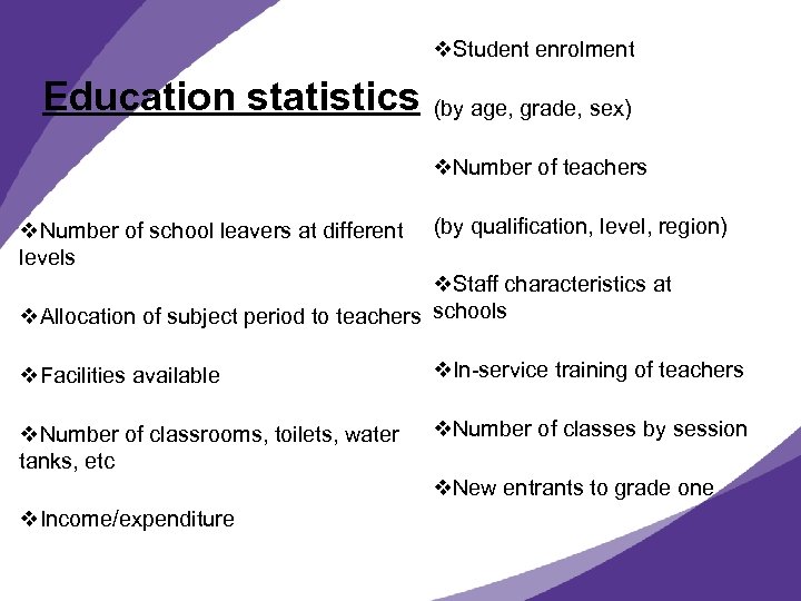 v. Student enrolment Education statistics (by age, grade, sex) v. Number of teachers v.
