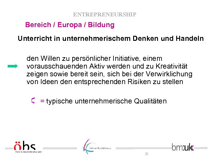 ENTREPRENEURSHIP Bereich / Europa / Bildung Unterricht in unternehmerischem Denken und Handeln den Willen