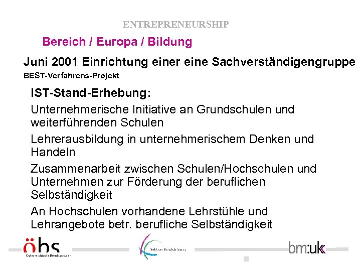 ENTREPRENEURSHIP Bereich / Europa / Bildung Juni 2001 Einrichtung einer eine Sachverständigengruppe BEST-Verfahrens-Projekt IST-Stand-Erhebung: