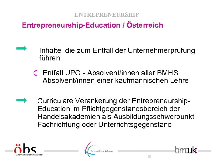 ENTREPRENEURSHIP Entrepreneurship-Education / Österreich Inhalte, die zum Entfall der Unternehmerprüfung führen Entfall UPO -