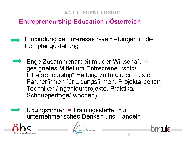 ENTREPRENEURSHIP Entrepreneurship-Education / Österreich Einbindung der Interessensvertretungen in die Lehrplangestaltung Enge Zusammenarbeit mit der