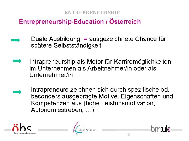 ENTREPRENEURSHIP Entrepreneurship-Education / Österreich Duale Ausbildung = ausgezeichnete Chance für spätere Selbstständigkeit Intrapreneurship als
