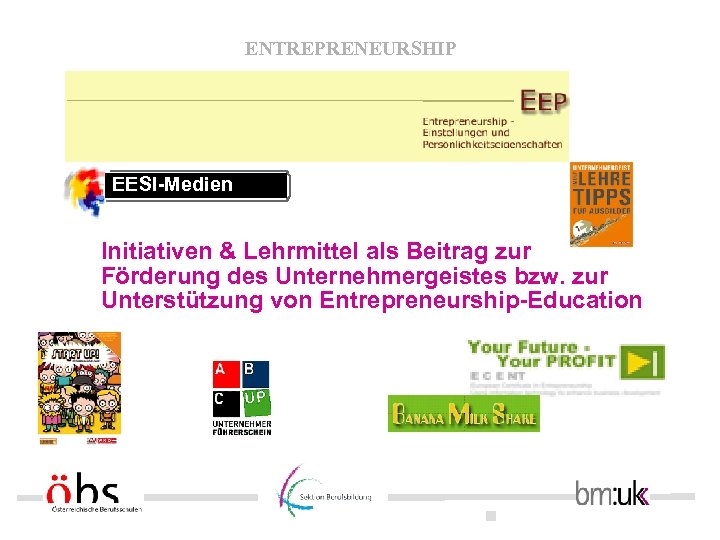 ENTREPRENEURSHIP EESI-Medien Initiativen & Lehrmittel als Beitrag zur Förderung des Unternehmergeistes bzw. zur Unterstützung