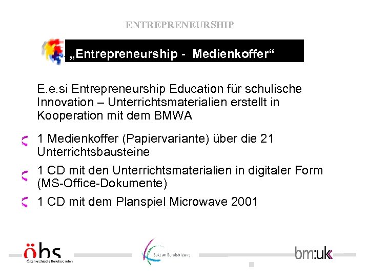 ENTREPRENEURSHIP „Entrepreneurship - Medienkoffer“ E. e. si Entrepreneurship Education für schulische Innovation – Unterrichtsmaterialien