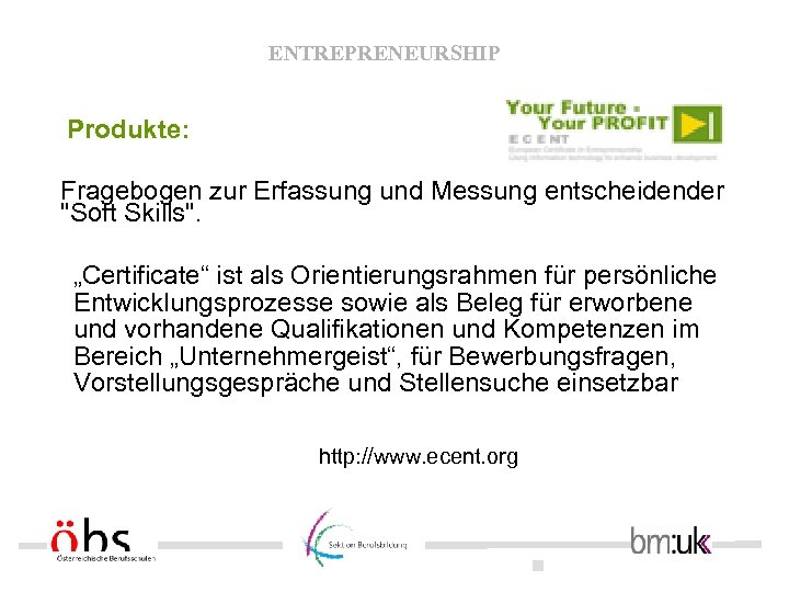 ENTREPRENEURSHIP Produkte: Fragebogen zur Erfassung und Messung entscheidender "Soft Skills". „Certificate“ ist als Orientierungsrahmen