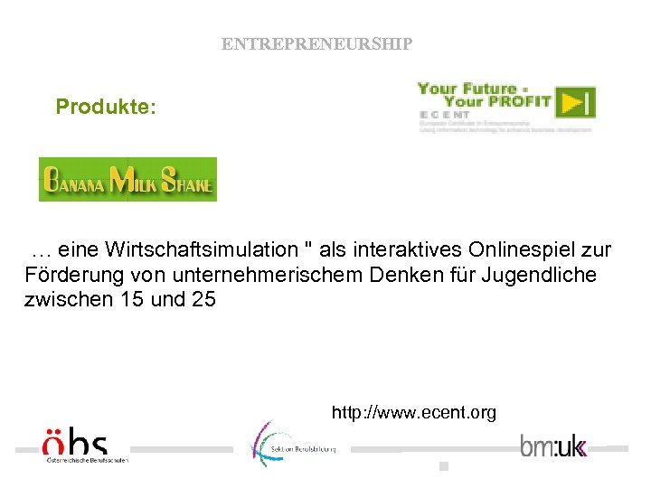 ENTREPRENEURSHIP Produkte: … eine Wirtschaftsimulation " als interaktives Onlinespiel zur Förderung von unternehmerischem Denken