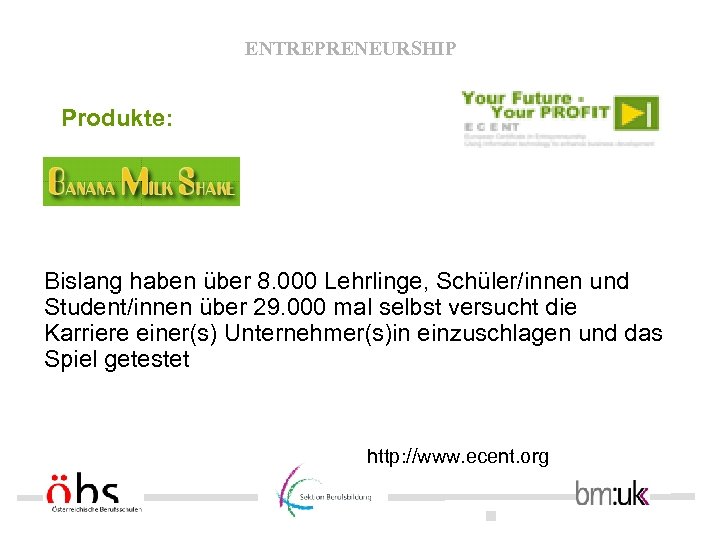 ENTREPRENEURSHIP Produkte: Bislang haben über 8. 000 Lehrlinge, Schüler/innen und Student/innen über 29. 000