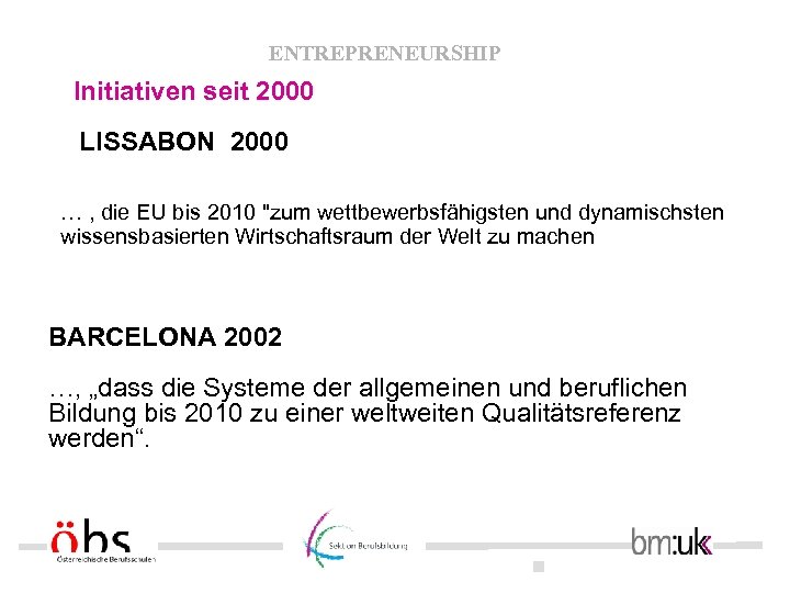 ENTREPRENEURSHIP Initiativen seit 2000 LISSABON 2000 … , die EU bis 2010 "zum wettbewerbsfähigsten