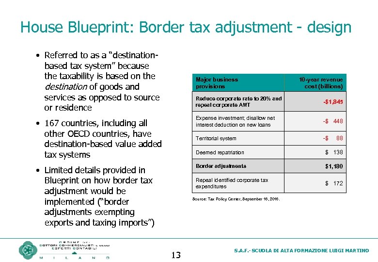 House Blueprint: Border tax adjustment - design • Referred to as a “destinationbased tax
