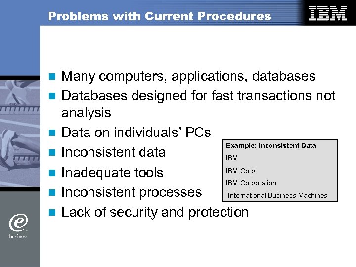 Problems with Current Procedures n n n n Many computers, applications, databases Databases designed