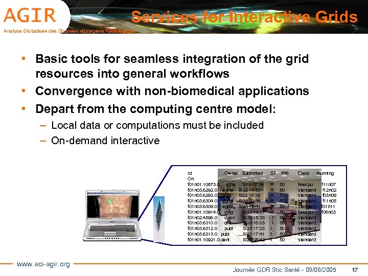 Services for Interactive Grids Analyse Globalisée des Données d’Imagerie Radiologique • Basic tools for