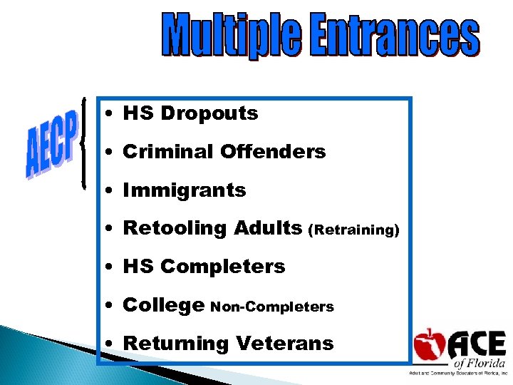  • HS Dropouts • Criminal Offenders • Immigrants • Retooling Adults (Retraining) •