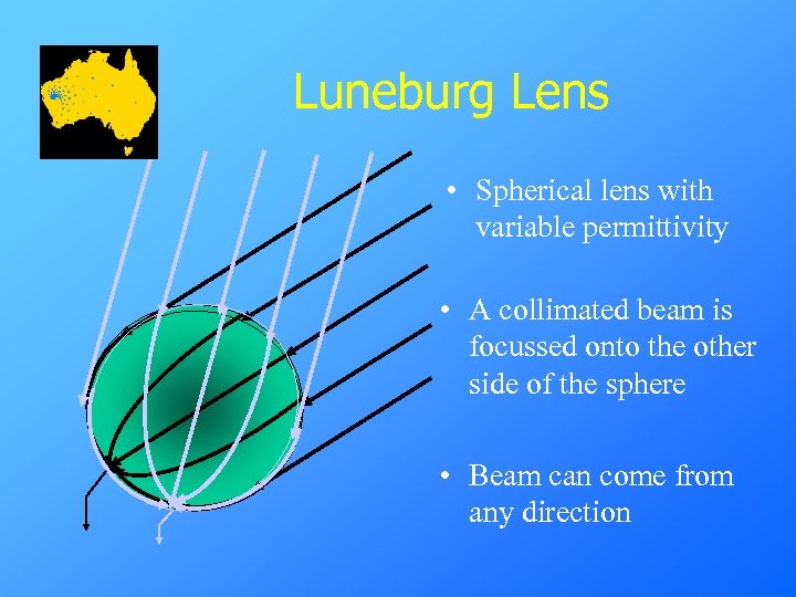 Luneburg Lens • Spherical lens with variable permittivity • A collimated beam is focussed