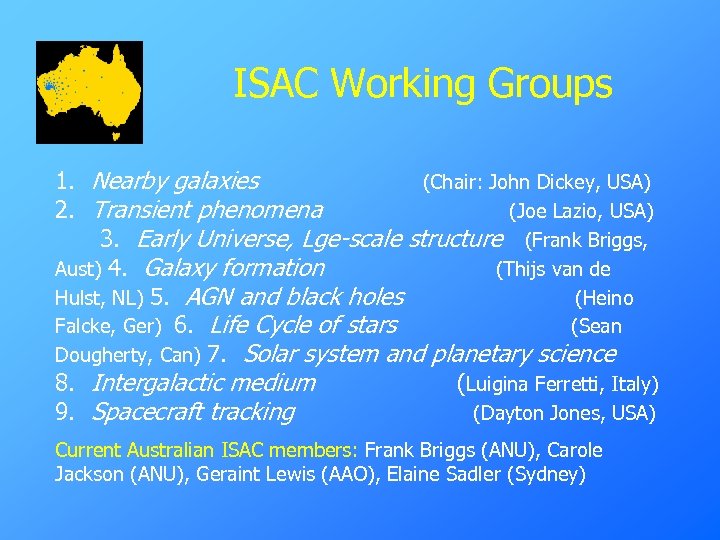 ISAC Working Groups 1. Nearby galaxies (Chair: John Dickey, USA) 2. Transient phenomena (Joe