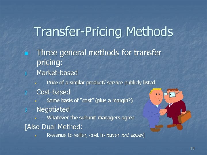 Transfer-Pricing Methods n 1 Three general methods for transfer pricing: Market-based • 2 Cost-based
