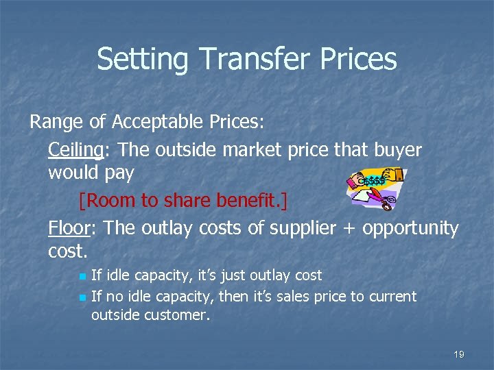 Setting Transfer Prices Range of Acceptable Prices: Ceiling: The outside market price that buyer