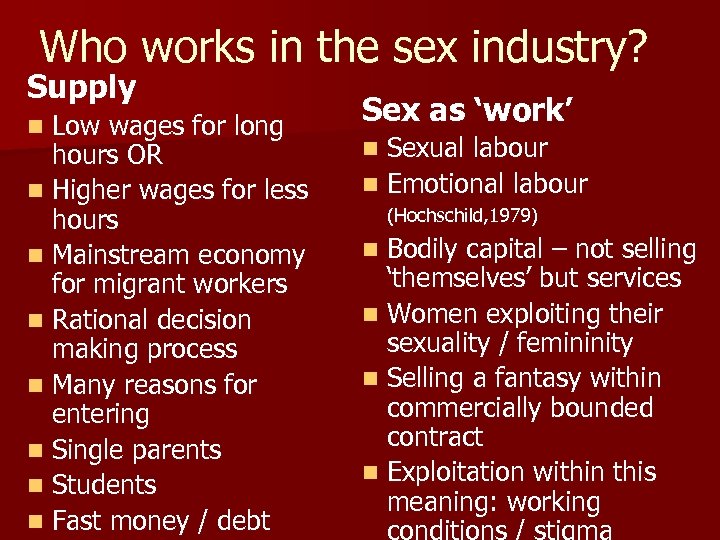 Who works in the sex industry? Supply Low wages for long hours OR n