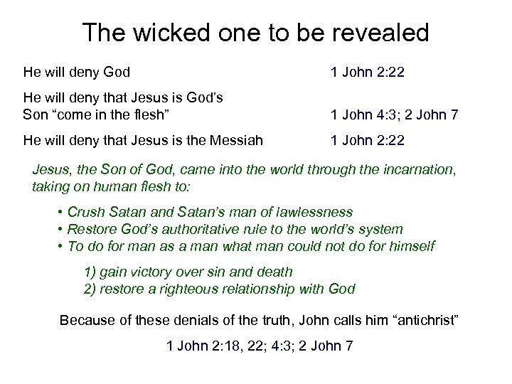 The wicked one to be revealed He will deny God 1 John 2: 22