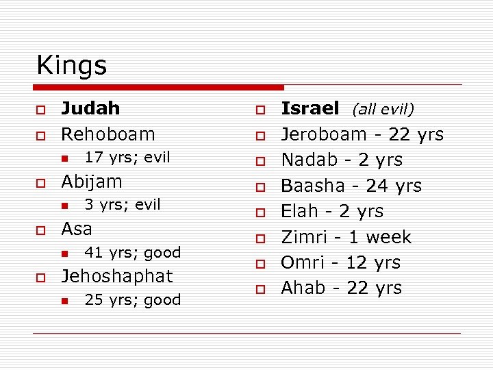 Kings o o Judah Rehoboam n o Abijam n o 3 yrs; evil Asa
