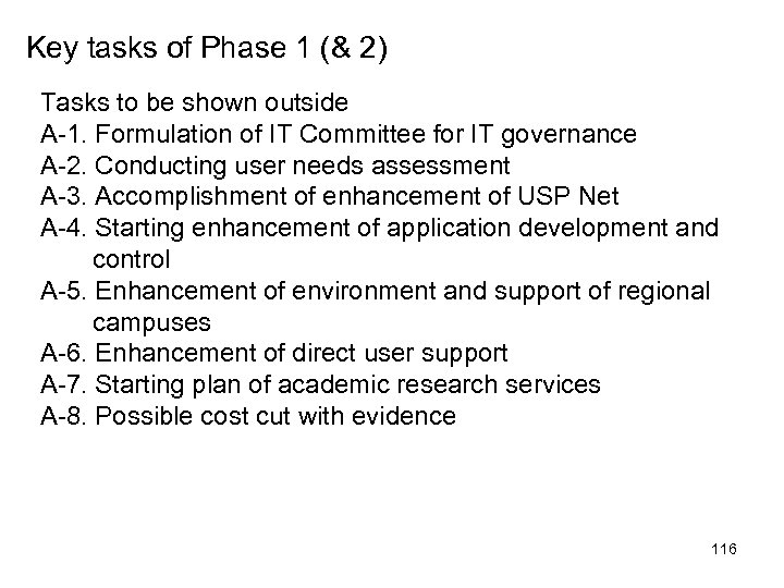 Key tasks of Phase 1 (& 2) Tasks to be shown outside A-1. Formulation