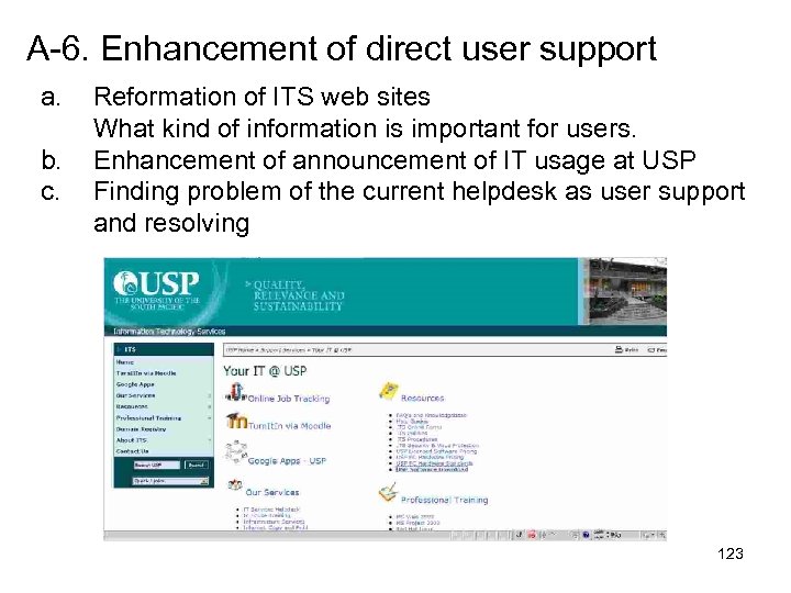 A-6. Enhancement of direct user support a. b. c. Reformation of ITS web sites