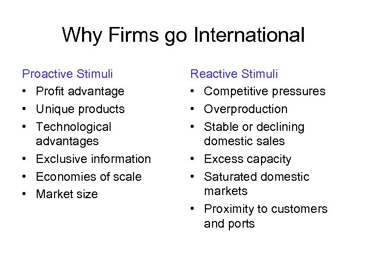 Why Firms go International Proactive Stimuli • Profit advantage • Unique products • Technological