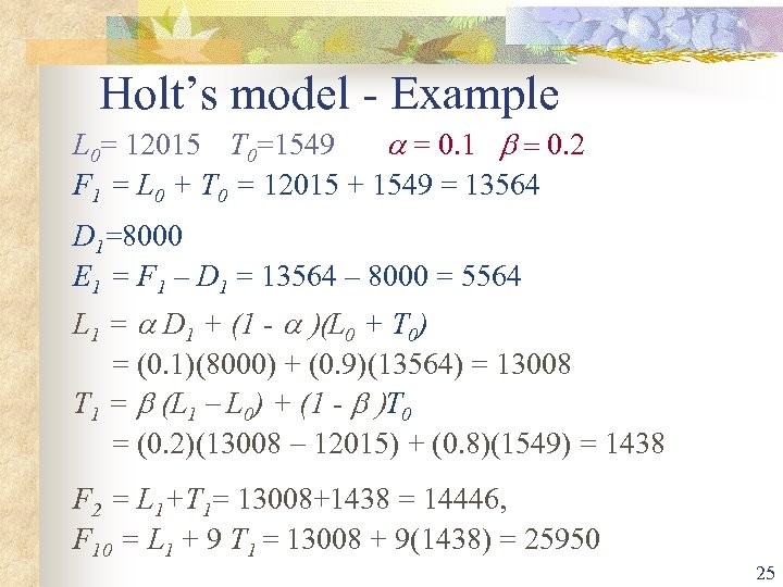 Holt’s model - Example L 0= 12015 T 0=1549 a = 0. 1 b