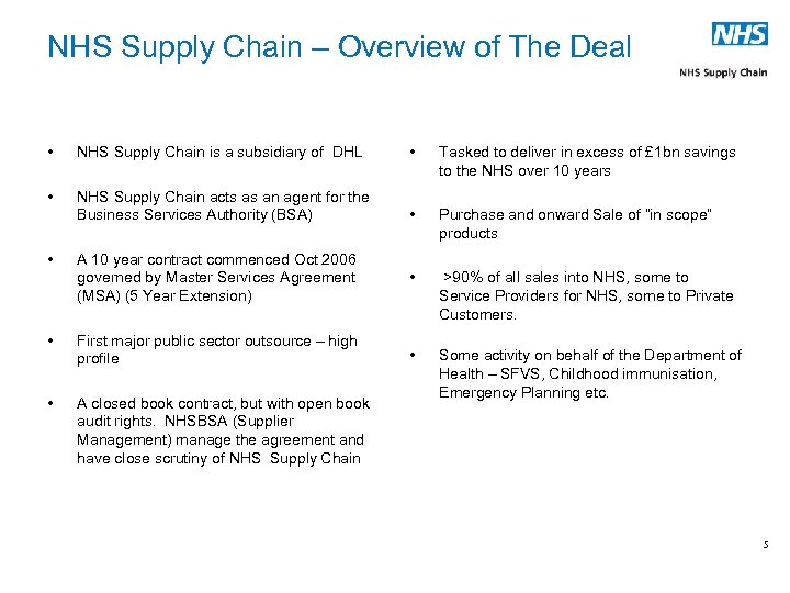 NHS Supply Chain – Overview of The Deal • NHS Supply Chain is a