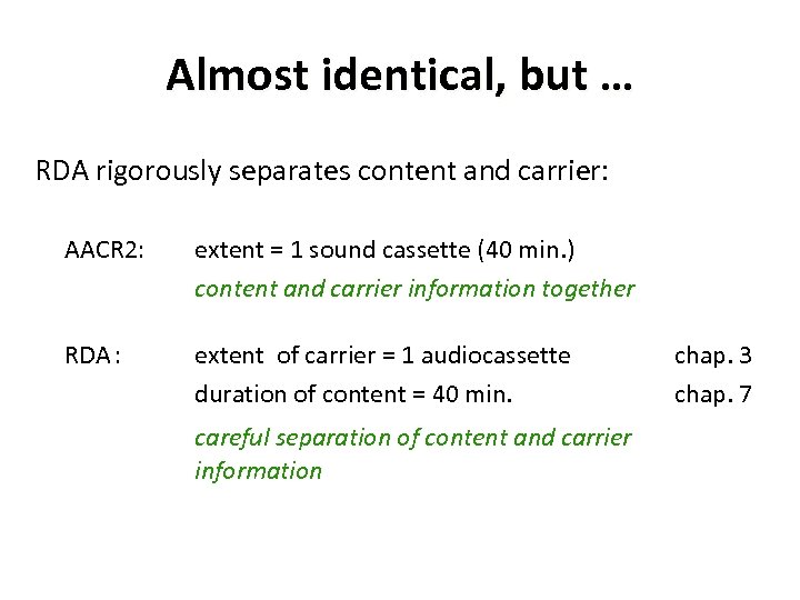 Almost identical, but … RDA rigorously separates content and carrier: AACR 2: RDA :